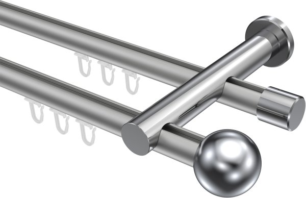 Innenlauf Gardinenstange Aluminium / Metall 20 mm Ø 2-läufig PLATON - Luino Silbergrau / Chrom 100 cm