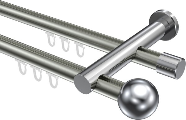 Innenlauf Gardinenstange Aluminium / Metall 20 mm Ø 2-läufig PLATON - Luino Edelstahl-Optik / Chrom 100 cm