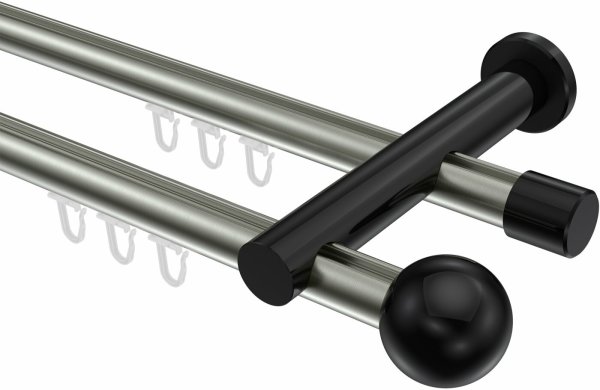 Innenlauf Gardinenstange Aluminium / Metall 20 mm Ø 2-läufig PLATON - Luino Edelstahl-Optik / Schwarz 100 cm