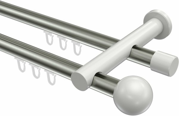 Innenlauf Gardinenstange Aluminium / Metall 20 mm Ø 2-läufig PLATON - Luino Edelstahl-Optik / Weiß 100 cm