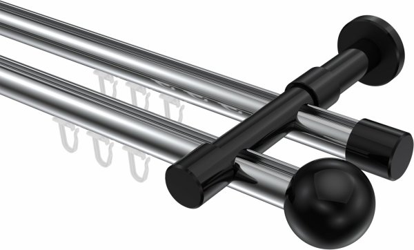 Innenlauf Gardinenstange Aluminium / Metall 20 mm Ø 2-läufig PRESTIGE - Luino Chrom / Schwarz 100 cm
