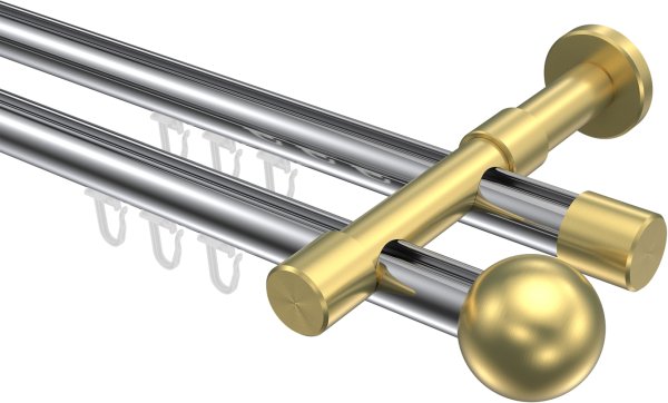 Innenlauf Gardinenstange Aluminium / Metall 20 mm Ø 2-läufig PRESTIGE - Luino Chrom / Messing-Optik 100 cm