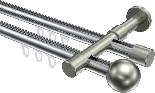 Innenlauf Gardinenstange Aluminium / Metall 20 mm Ø 2-läufig PRESTIGE - Luino Chrom / Edelstahl-Optik 100 cm