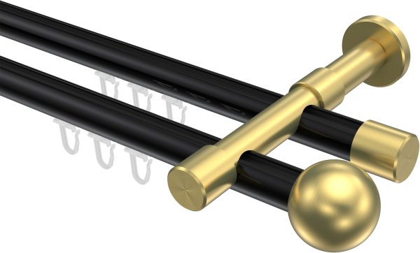 Innenlauf Gardinenstange Aluminium / Metall 20 mm Ø 2-läufig PRESTIGE - Luino Schwarz / Messing-Optik 100 cm