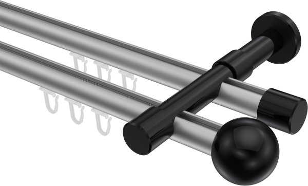 Innenlauf Gardinenstange Aluminium / Metall 20 mm Ø 2-läufig PRESTIGE - Luino Silbergrau / Schwarz 100 cm