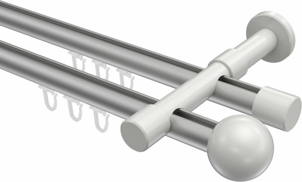 Innenlauf Gardinenstange Aluminium / Metall 20 mm Ø 2-läufig PRESTIGE - Luino Silbergrau / Weiß 100 cm