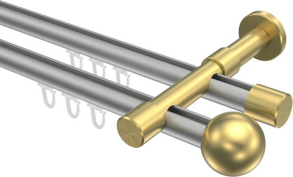 Innenlauf Gardinenstange Aluminium / Metall 20 mm Ø 2-läufig PRESTIGE - Luino Silbergrau / Messing-Optik 100 cm