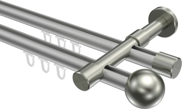 Innenlauf Gardinenstange Aluminium / Metall 20 mm Ø 2-läufig PRESTIGE - Luino Silbergrau / Edelstahl-Optik 100 cm