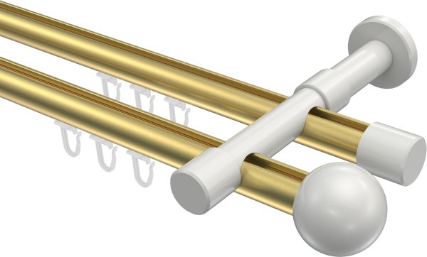 Innenlauf Gardinenstange Aluminium / Metall 20 mm Ø 2-läufig PRESTIGE - Luino Messing-Optik / Weiß 100 cm