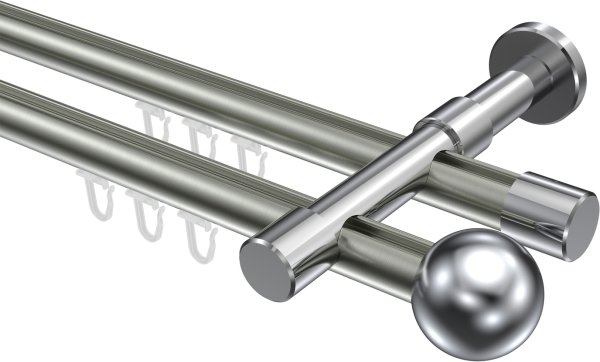 Innenlauf Gardinenstange Aluminium / Metall 20 mm Ø 2-läufig PRESTIGE - Luino Edelstahl-Optik / Chrom 100 cm