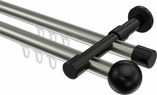 Innenlauf Gardinenstange Aluminium / Metall 20 mm Ø 2-läufig PRESTIGE - Luino Edelstahl-Optik / Schwarz 100 cm