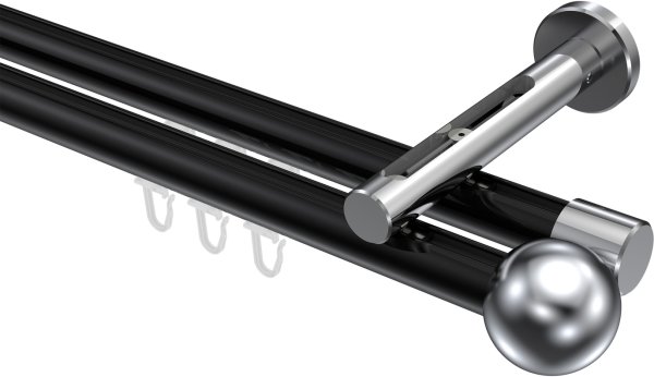 Innenlauf Gardinenstange Aluminium / Metall 20 mm Ø 2-läufig SITENO - Luino Schwarz / Chrom 100 cm