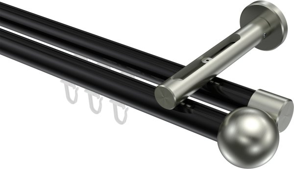 Innenlauf Gardinenstange Aluminium / Metall 20 mm Ø 2-läufig SITENO - Luino Schwarz / Edelstahl-Optik 100 cm