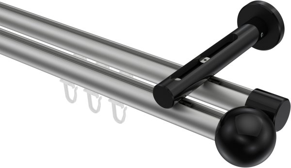 Innenlauf Gardinenstange Aluminium / Metall 20 mm Ø 2-läufig SITENO - Luino Silbergrau / Schwarz 100 cm