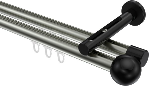 Innenlauf Gardinenstange Aluminium / Metall 20 mm Ø 2-läufig SITENO - Luino Edelstahl-Optik / Schwarz 100 cm