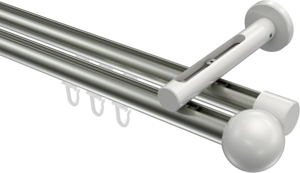 Innenlauf Gardinenstange Aluminium / Metall 20 mm Ø 2-läufig SITENO - Luino Edelstahl-Optik / Weiß 100 cm
