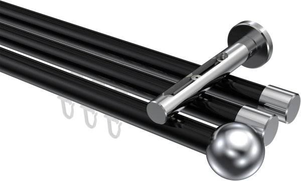 Innenlauf Gardinenstange Aluminium / Metall 20 mm Ø 3-läufig SITENO - Luino Schwarz / Chrom 100 cm