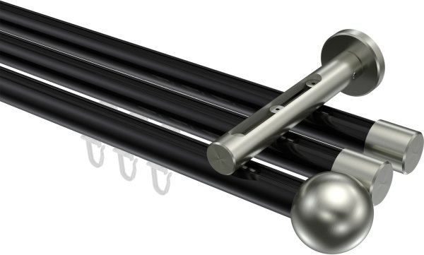 Innenlauf Gardinenstange Aluminium / Metall 20 mm Ø 3-läufig SITENO - Luino Schwarz / Edelstahl-Optik 100 cm