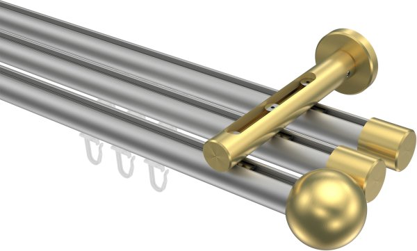 Innenlauf Gardinenstange Aluminium / Metall 20 mm Ø 3-läufig SITENO - Luino Silbergrau / Messing-Optik 100 cm