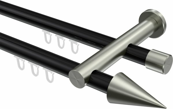 Innenlauf Gardinenstange Aluminium / Metall 20 mm Ø 2-läufig PLATON - Savio Schwarz / Edelstahl-Optik 100 cm