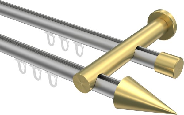 Innenlauf Gardinenstange Aluminium / Metall 20 mm Ø 2-läufig PLATON - Savio Silbergrau / Messing-Optik 100 cm