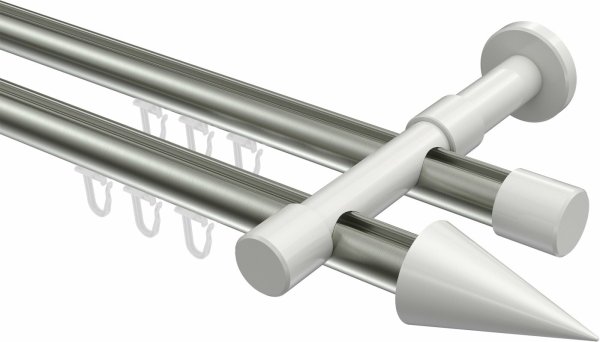 Innenlauf Gardinenstange Aluminium / Metall 20 mm Ø 2-läufig PRESTIGE - Savio Edelstahl-Optik / Weiß 100 cm