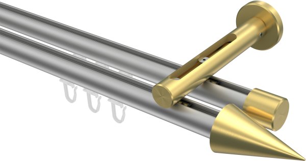 Innenlauf Gardinenstange Aluminium / Metall 20 mm Ø 2-läufig SITENO - Savio Silbergrau / Messing-Optik 100 cm