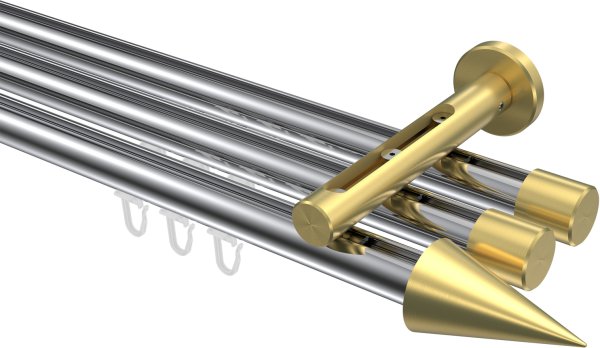 Innenlauf Gardinenstange Aluminium / Metall 20 mm Ø 3-läufig SITENO - Savio Chrom / Messing-Optik 100 cm