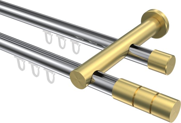 Innenlauf Gardinenstange Aluminium / Metall 20 mm Ø 2-läufig PLATON - Elanto Chrom / Messing-Optik 100 cm