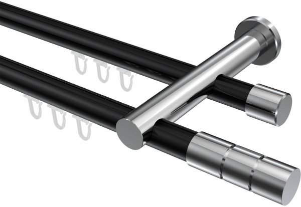 Innenlauf Gardinenstange Aluminium / Metall 20 mm Ø 2-läufig PLATON - Elanto Schwarz / Chrom 100 cm