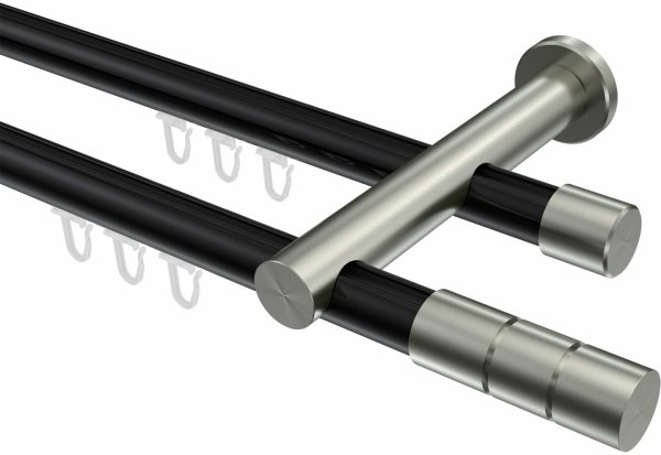 Innenlauf Gardinenstange Aluminium / Metall 20 mm Ø 2-läufig PLATON - Elanto Schwarz / Edelstahl-Optik 100 cm