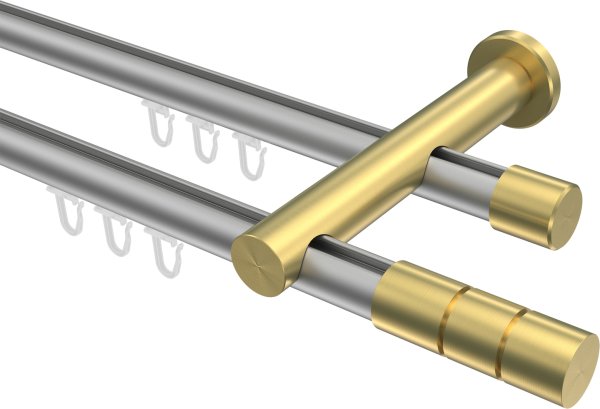 Innenlauf Gardinenstange Aluminium / Metall 20 mm Ø 2-läufig PLATON - Elanto Silbergrau / Messing-Optik 100 cm