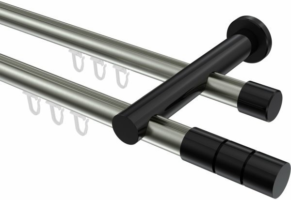 Innenlauf Gardinenstange Aluminium / Metall 20 mm Ø 2-läufig PLATON - Elanto Edelstahl-Optik / Schwarz 100 cm