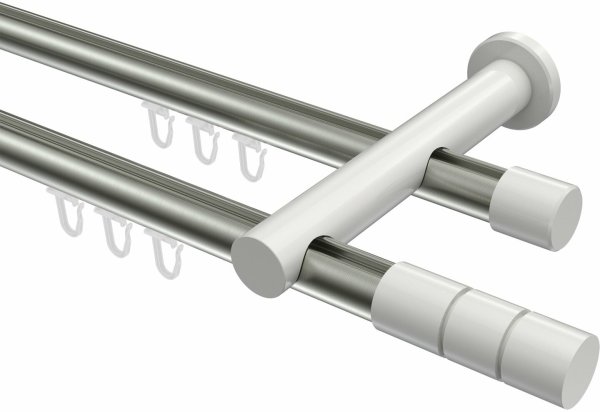 Innenlauf Gardinenstange Aluminium / Metall 20 mm Ø 2-läufig PLATON - Elanto Edelstahl-Optik / Weiß 100 cm