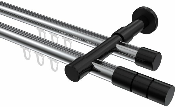 Innenlauf Gardinenstange Aluminium / Metall 20 mm Ø 2-läufig PRESTIGE - Elanto Chrom / Schwarz 100 cm