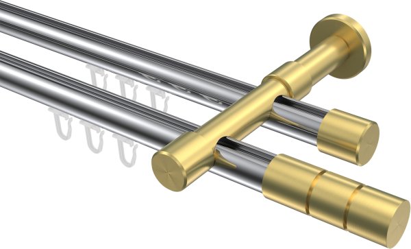 Innenlauf Gardinenstange Aluminium / Metall 20 mm Ø 2-läufig PRESTIGE - Elanto Chrom / Messing-Optik 100 cm