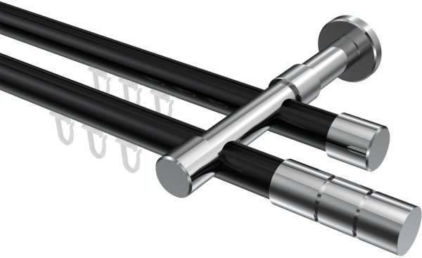 Innenlauf Gardinenstange Aluminium / Metall 20 mm Ø 2-läufig PRESTIGE - Elanto Schwarz / Chrom 100 cm