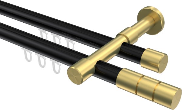 Innenlauf Gardinenstange Aluminium / Metall 20 mm Ø 2-läufig PRESTIGE - Elanto Schwarz / Messing-Optik 100 cm