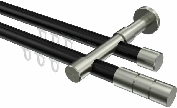 Innenlauf Gardinenstange Aluminium / Metall 20 mm Ø 2-läufig PRESTIGE - Elanto Schwarz / Edelstahl-Optik 100 cm