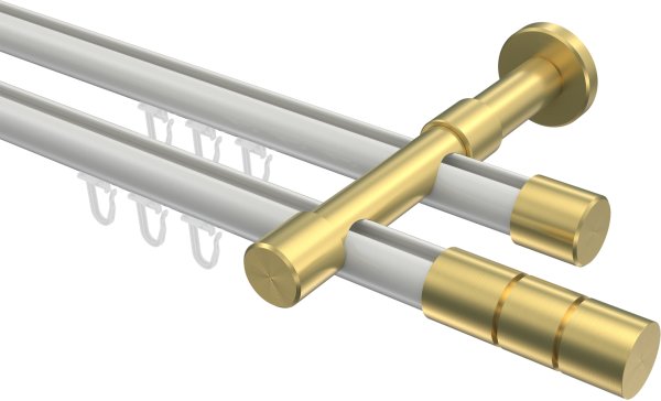 Innenlauf Gardinenstange Aluminium / Metall 20 mm Ø 2-läufig PRESTIGE - Elanto Weiß / Messing-Optik 100 cm