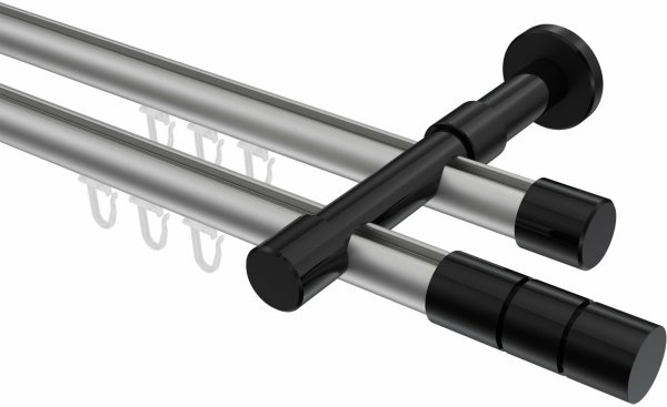 Innenlauf Gardinenstange Aluminium / Metall 20 mm Ø 2-läufig PRESTIGE - Elanto Silbergrau / Schwarz 100 cm
