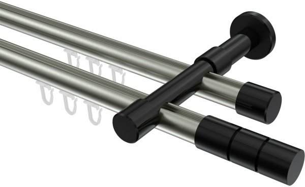 Innenlauf Gardinenstange Aluminium / Metall 20 mm Ø 2-läufig PRESTIGE - Elanto Edelstahl-Optik / Schwarz 100 cm