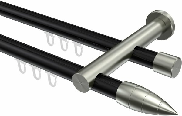 Innenlauf Gardinenstange Aluminium / Metall 20 mm Ø 2-läufig PLATON - Samanto Schwarz / Edelstahl-Optik 100 cm