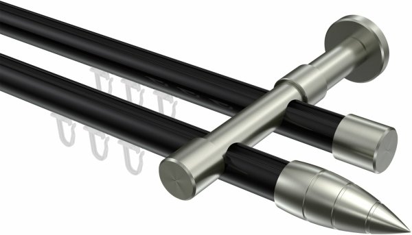 Innenlauf Gardinenstange Aluminium / Metall 20 mm Ø 2-läufig PRESTIGE - Samanto Schwarz / Edelstahl-Optik 100 cm