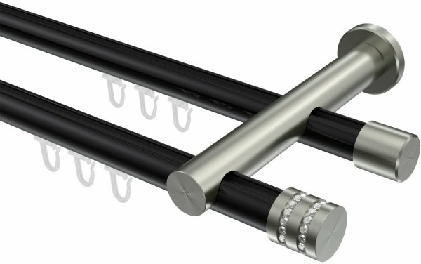 Innenlauf Gardinenstange Aluminium / Metall 20 mm Ø 2-läufig PLATON - Estana Schwarz / Edelstahl-Optik 100 cm