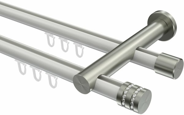 Innenlauf Gardinenstange Aluminium / Metall 20 mm Ø 2-läufig PLATON - Estana Weiß / Edelstahl-Optik 100 cm