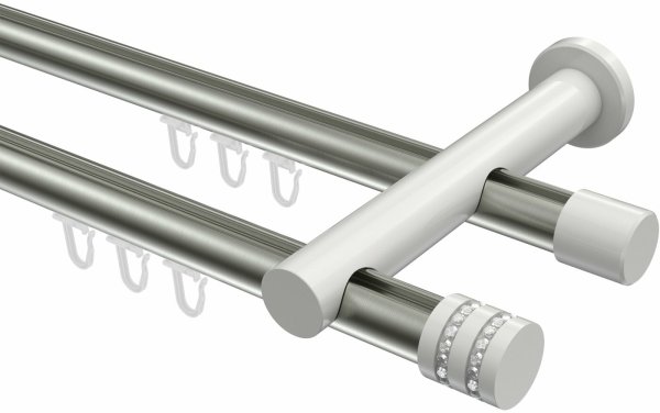 Innenlauf Gardinenstange Aluminium / Metall 20 mm Ø 2-läufig PLATON - Estana Edelstahl-Optik / Weiß 100 cm