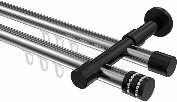Innenlauf Gardinenstange Aluminium / Metall 20 mm Ø 2-läufig PRESTIGE - Estana Chrom / Schwarz 100 cm