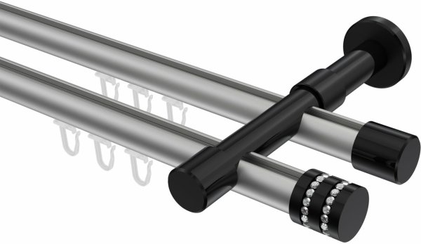 Innenlauf Gardinenstange Aluminium / Metall 20 mm Ø 2-läufig PRESTIGE - Estana Silbergrau / Schwarz 100 cm