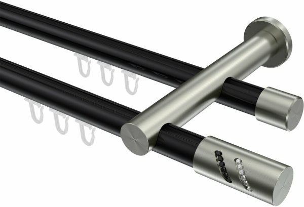 Innenlauf Gardinenstange Aluminium / Metall 20 mm Ø 2-läufig PLATON - Zoena Schwarz / Edelstahl-Optik 100 cm